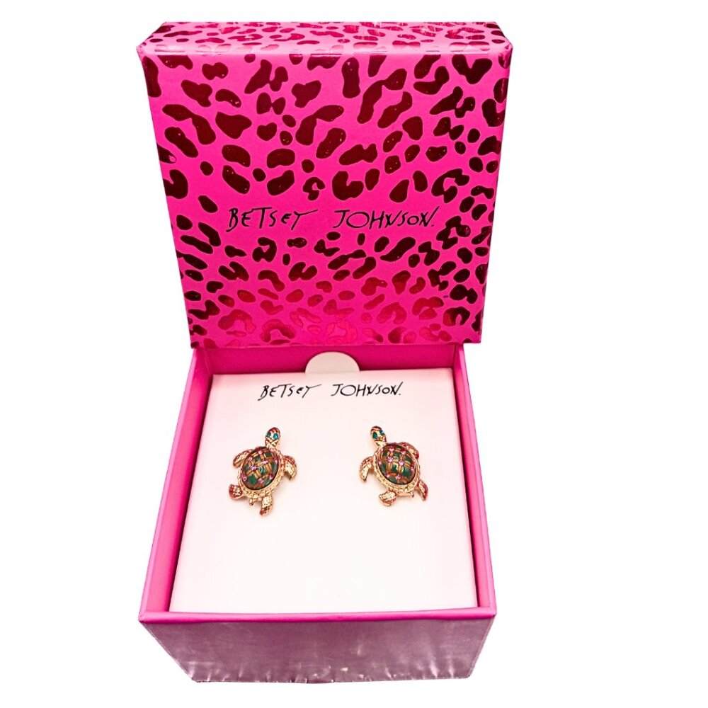 Betsey Johnson Stud Gold Tone Turtle Earrings w/Raised Green shell, & pink. - Picture 2 of 12